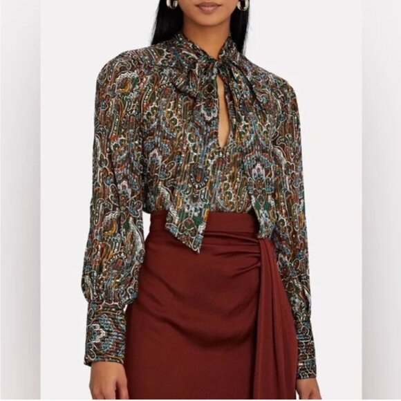 Veronica Beard Zaylee Paisley Lurex Multicolor Tie-Neck Silk Blouse - Picture 1 of 15